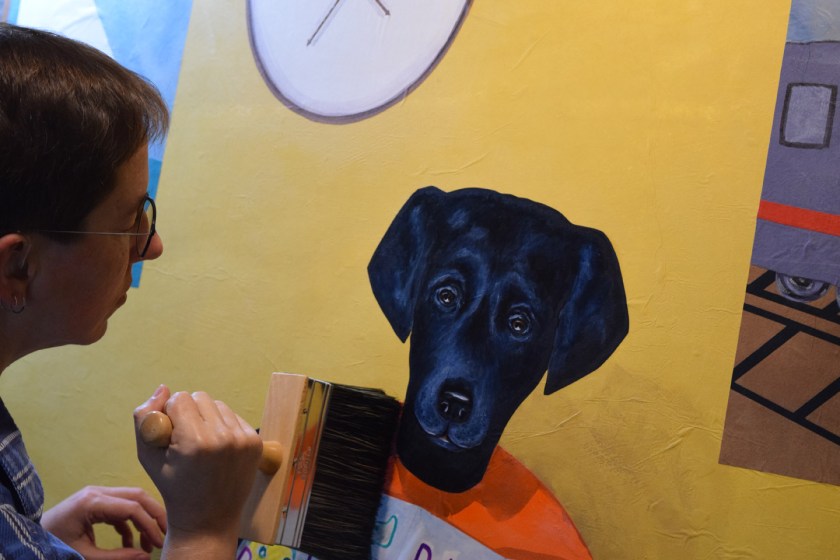 Using my "Verry Big Brush" to tamp down the newly applied wet-with-dye papers