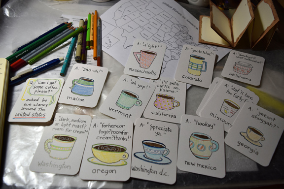 Pages from an artist book being created by Sue Clancy titled "Coffee Please? A dialect guide for the United States"