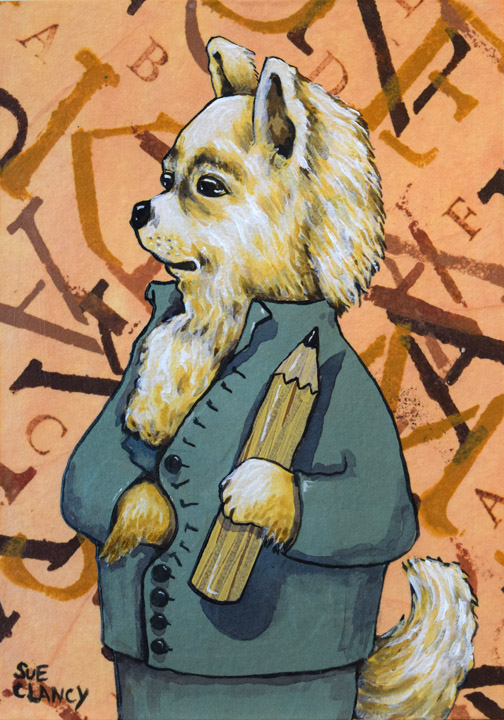 " d'Scribe " by Sue Clancy, 7 x 5 x 2 inches (h x w x d)  hand dyed paper, hand stenciled paper and acrylic collage on cradled board