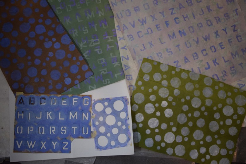 Sue Clancy's newly hand stenciled, hand dyed handmade papers she'll use to make new artworks