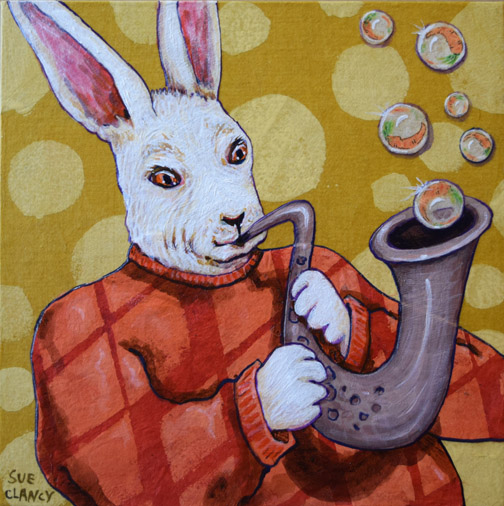 "Soapy Smooth" by Sue Clancy, 6 x 6 x 2 inches, handmade paper, hand dyed paper, ink, watercolor and acrylic on cradled board