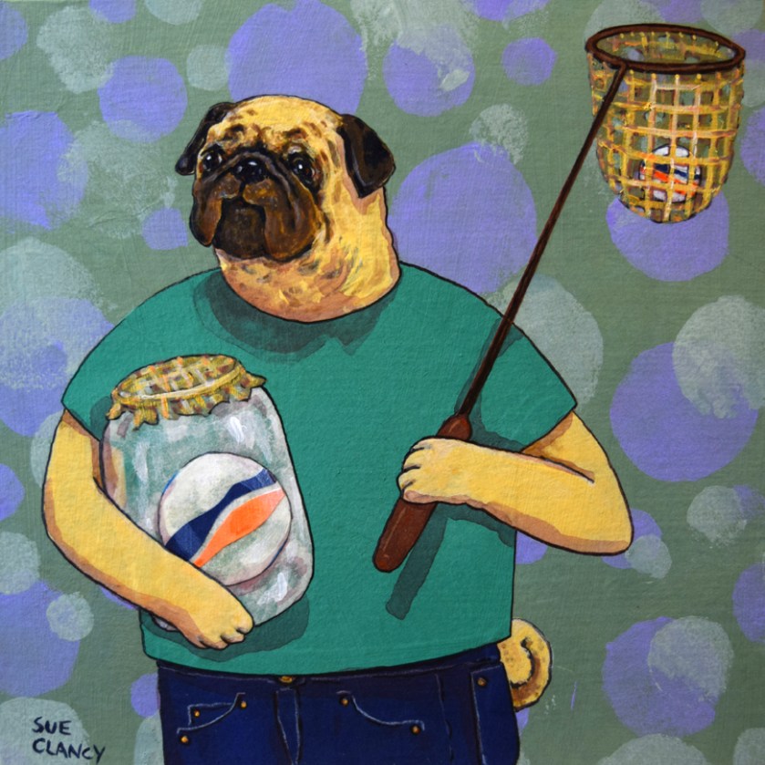 His Marbles By Sue Clancy hand dyed paper, hand stenciled paper, and acrylic on cradled board  