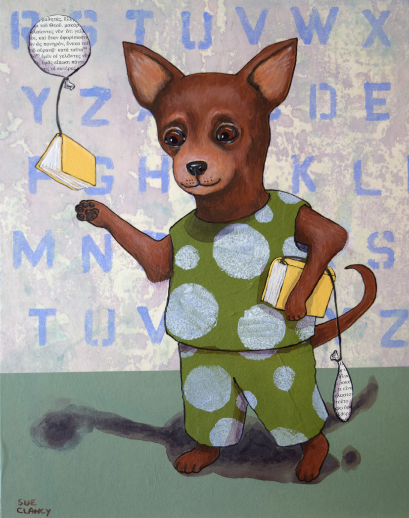 "The Read Balloon" by Sue Clancy, 14 x 11 x 2 inches, hand dyed paper, hand stenciled paper, handmade paper, found paper and acrylic on cradled board.