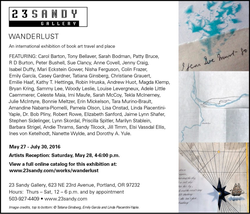 card about the artist book exhibit "Wanderlust" at the 23 Sandy Gallery
