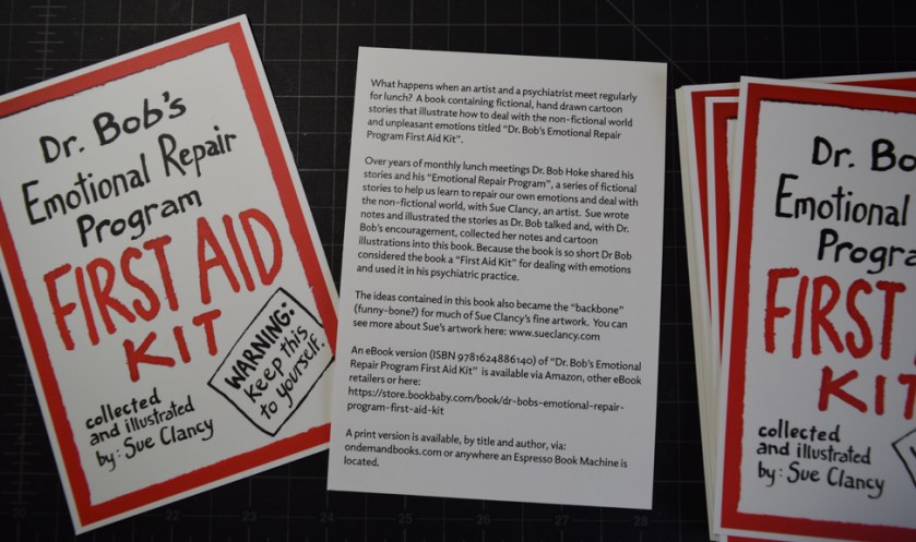 Postcard about the artist book "Dr Bob's Emotional Repair Program First Aid Kit" that I can give to friendly librarians and other people
